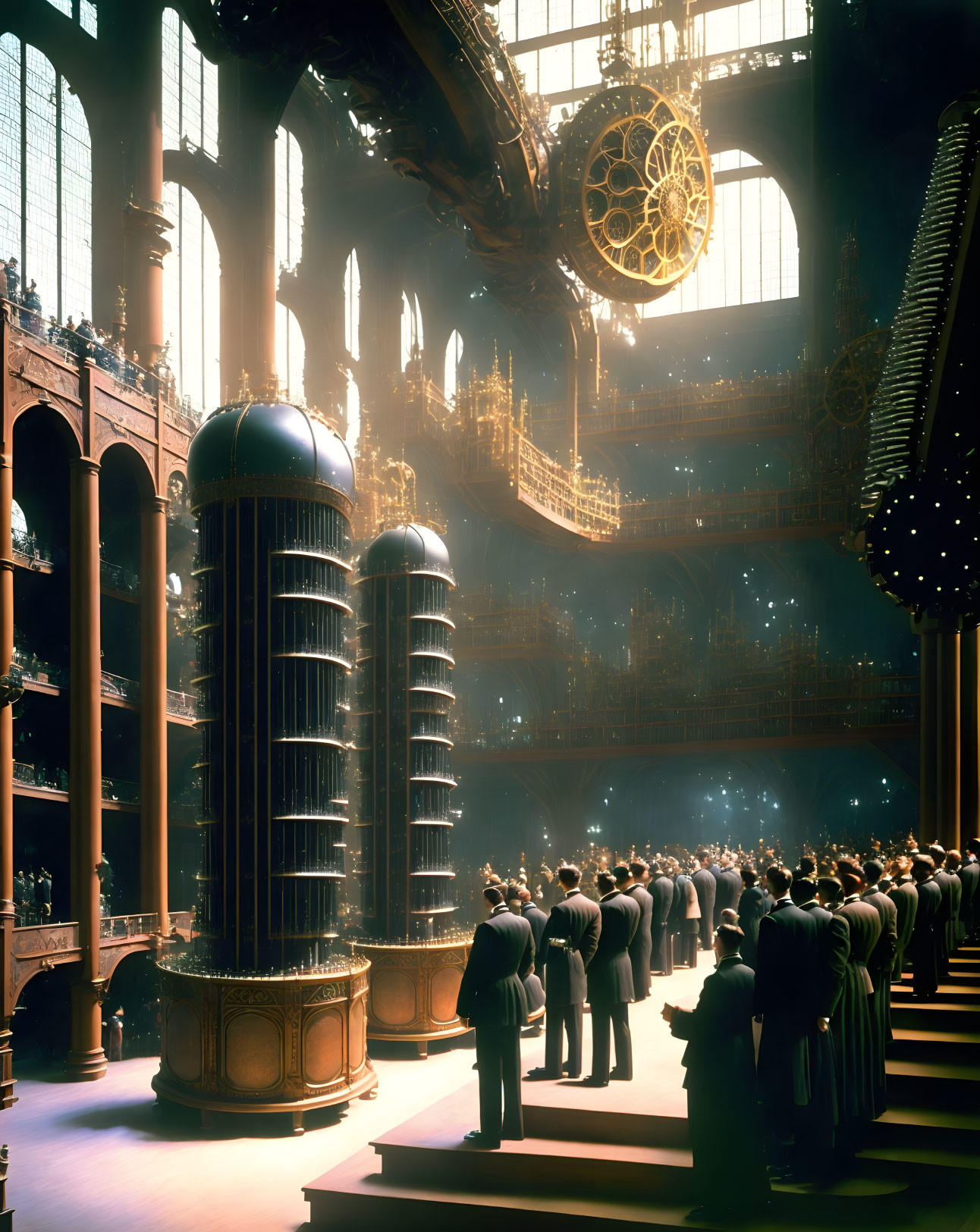 Steampunk-inspired hall with vintage crowd and intricate machinery