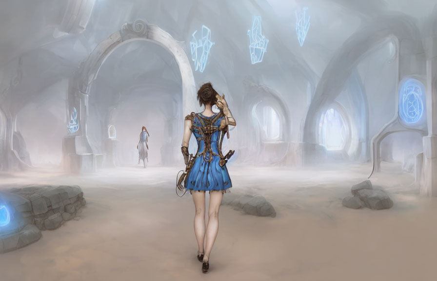 Fantasy Woman in Blue Outfit with Weapon in Mystical Room