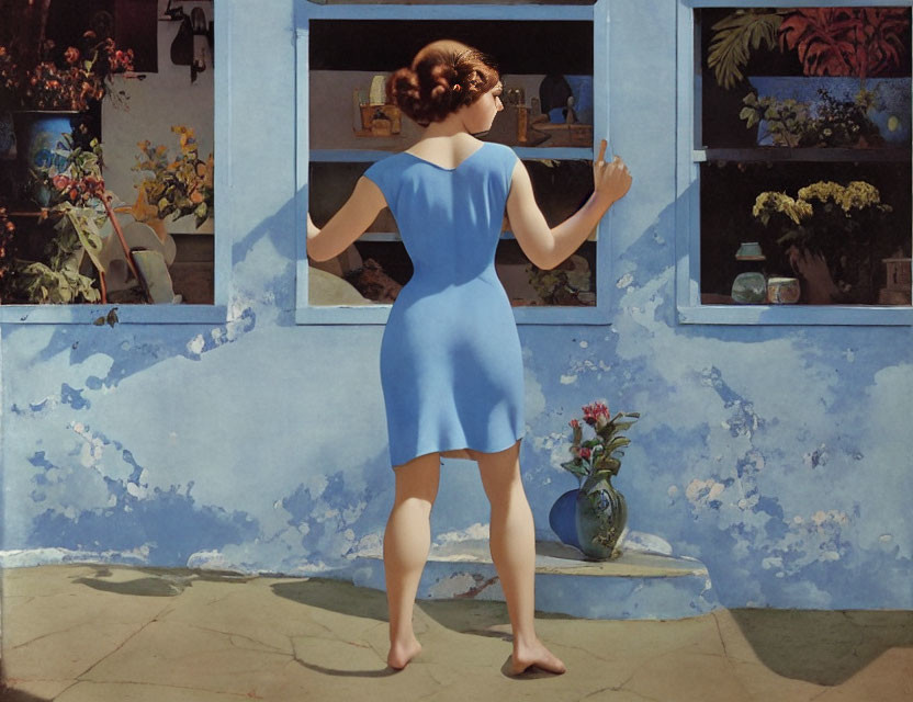 Woman in Blue Dress Standing at Open Window Under Bright Sky