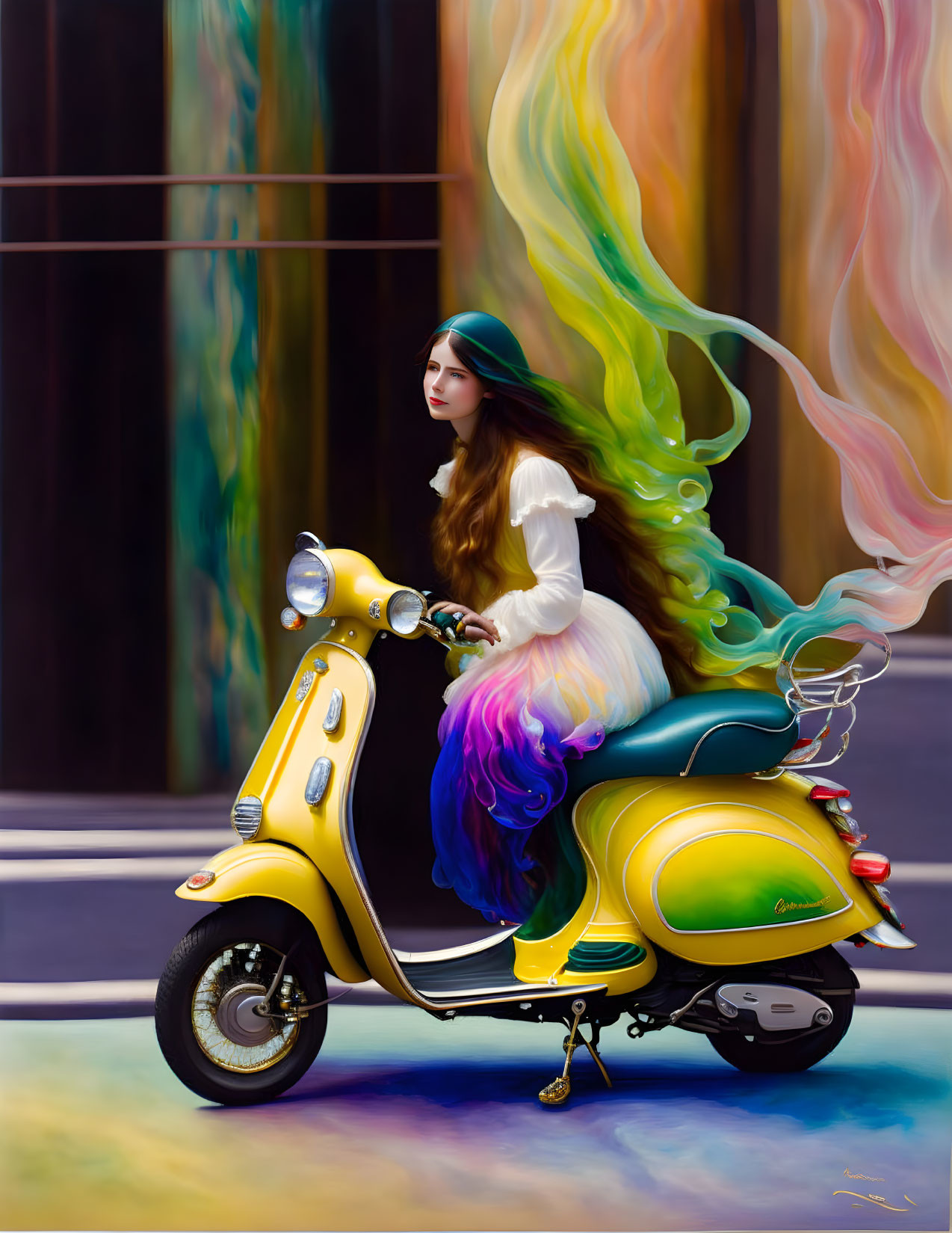 Woman with long, colorful hair on yellow scooter in vibrant setting