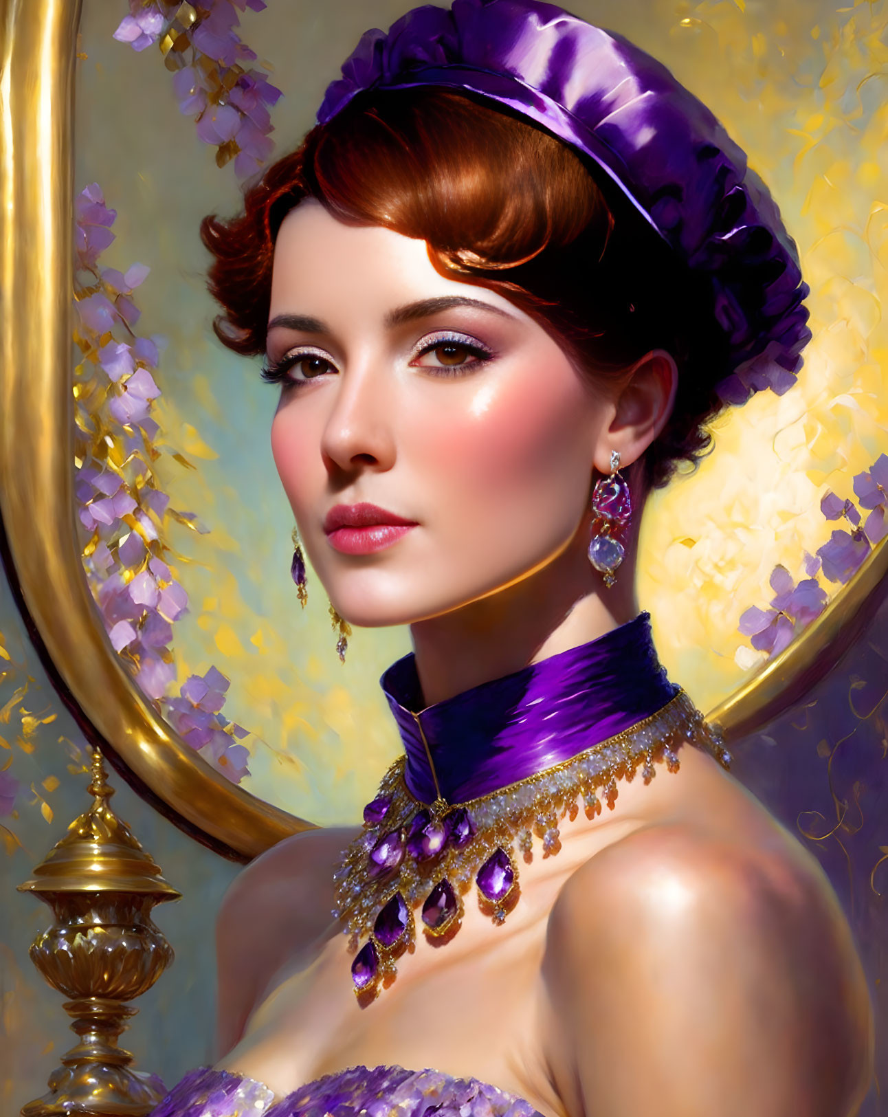 Elegant woman portrait in purple hat and amber earrings