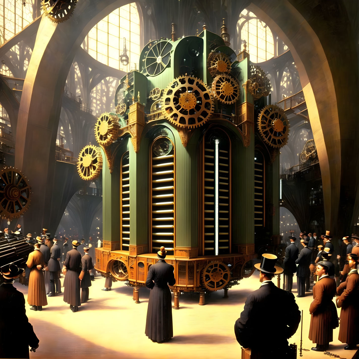 Victorian-era styled people in grand hall with steampunk clockwork machinery