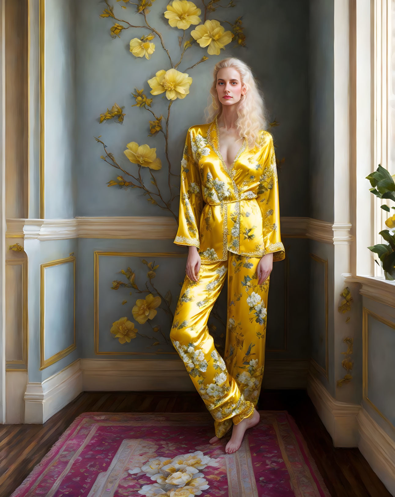 Woman in Yellow Floral Pajama Set in Elegant Room with Blue Walls