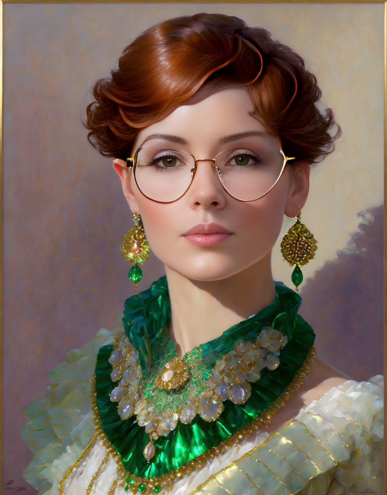 Woman with Red Updo, Circular Glasses, Green Earrings, Ruffled Dress