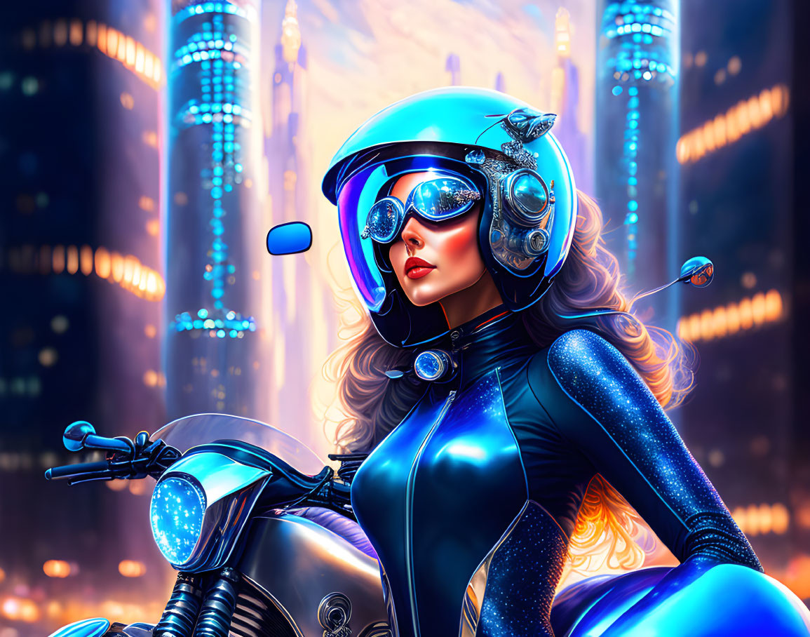 Futuristic female rider on motorcycle in blue bodysuit and sleek helmet