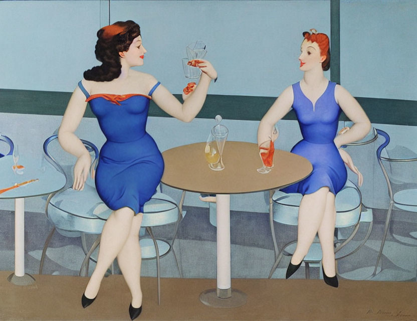 Stylized women in blue dresses at retro table with martini glass