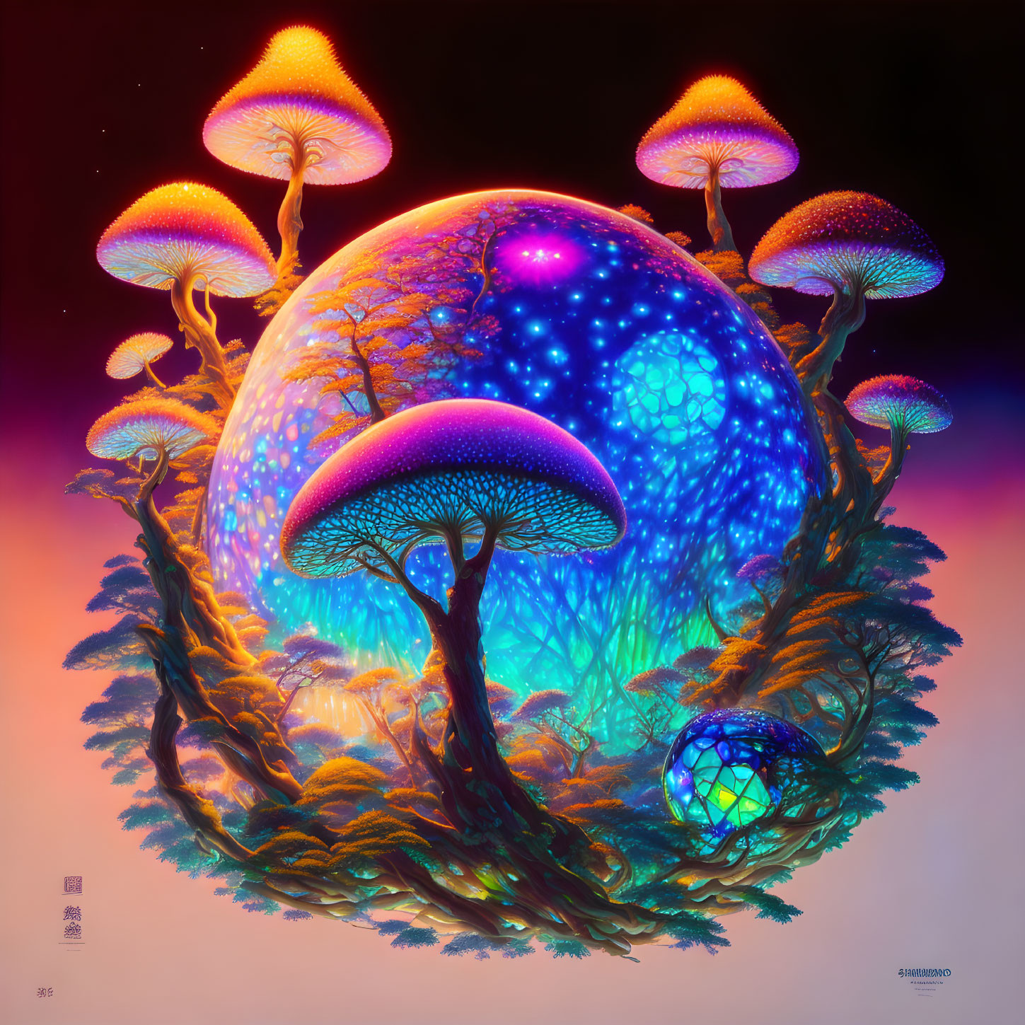 Digital Art: Glowing Mushrooms & Celestial Orb with Tree Roots