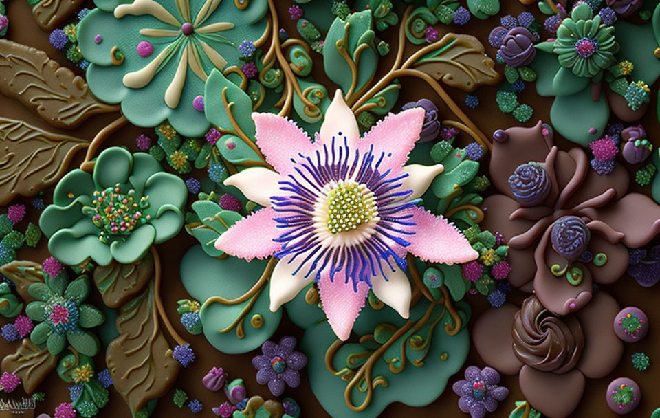 Detailed Polymer Clay Floral Design with Large Pink-Centered Flower