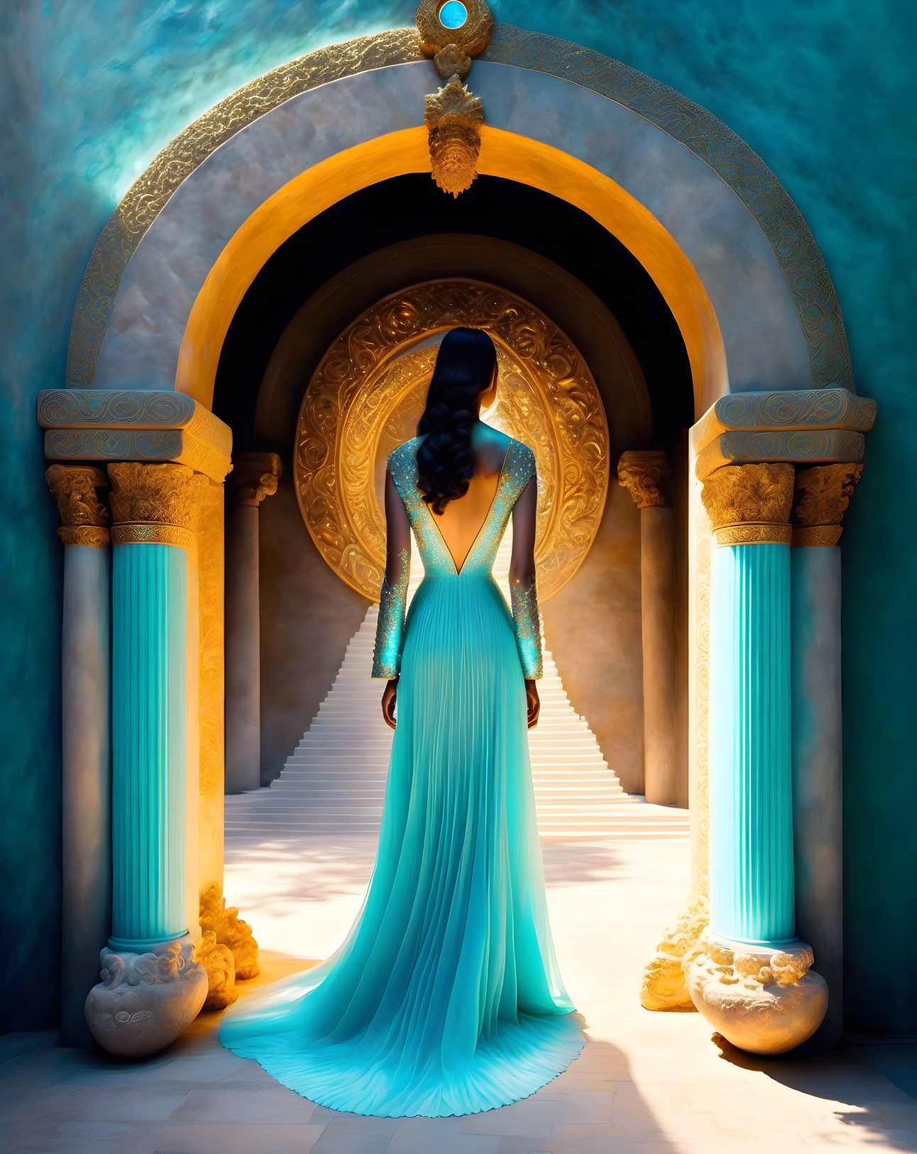 Elegant woman in teal dress at ornate archway with golden door