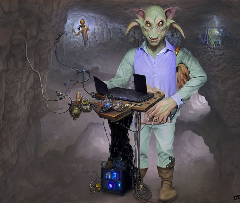 Fantastical creature in cavernous environment with laptop and tech gadgets