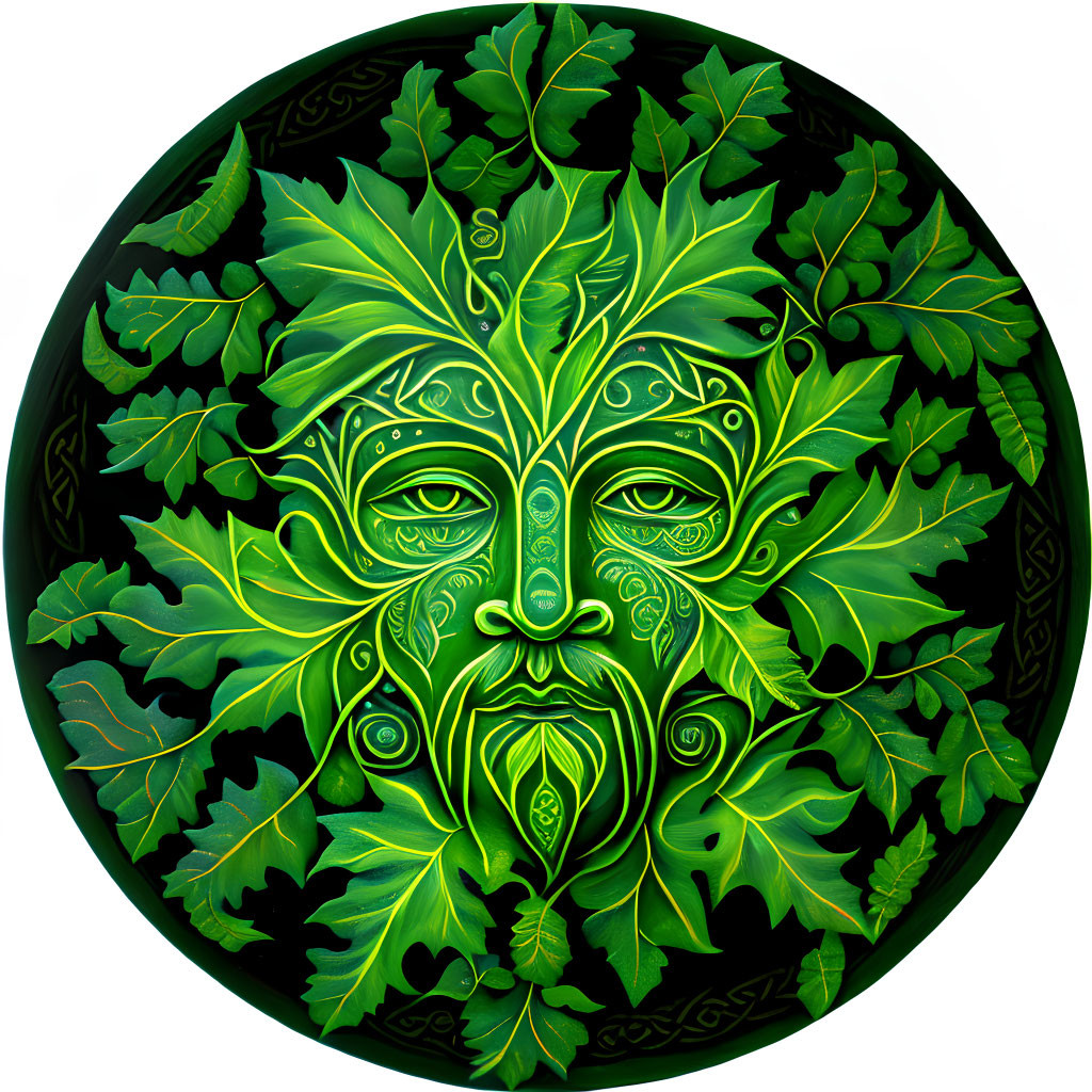 Illustration of Green Man Face in Vibrant Green on Black Background