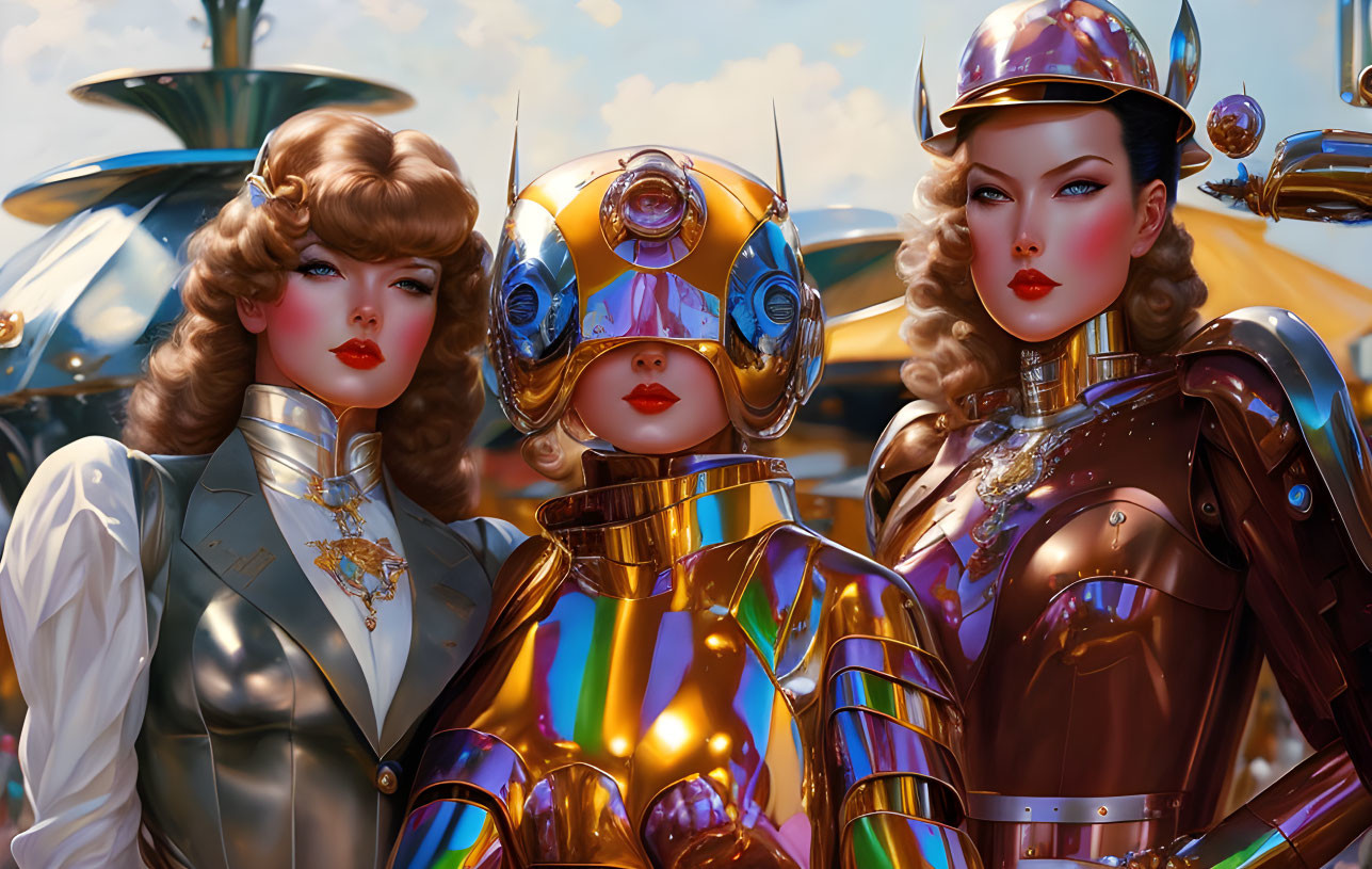 Stylized futuristic women in golden robotic and retro-futuristic aviation uniforms on sky backdrop