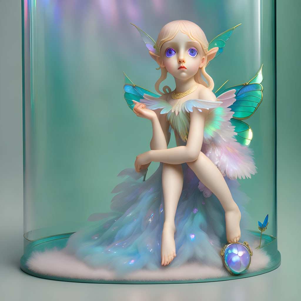 Colorful Fantasy Fairy Seated in Translucent Cylinder with Glowing Orb