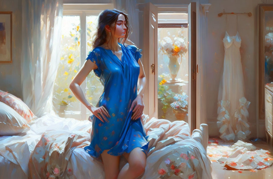 Woman in Blue Dress by Sunlit Window with Floral Bed and Curtains