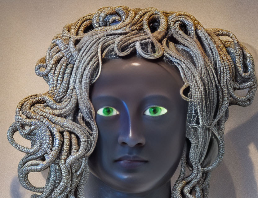 Metallic Serpentine-Haired Bust with Glowing Green Eyes