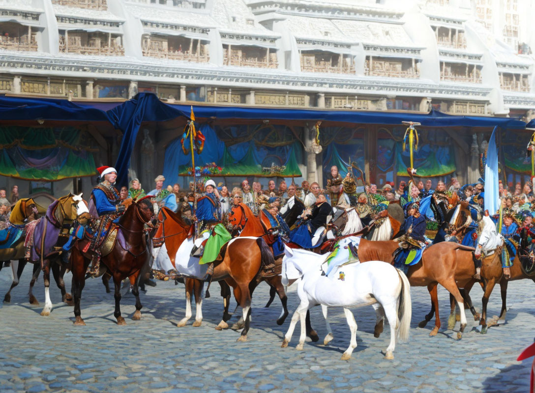 Historical reenactment: Costumed riders on horses in parade