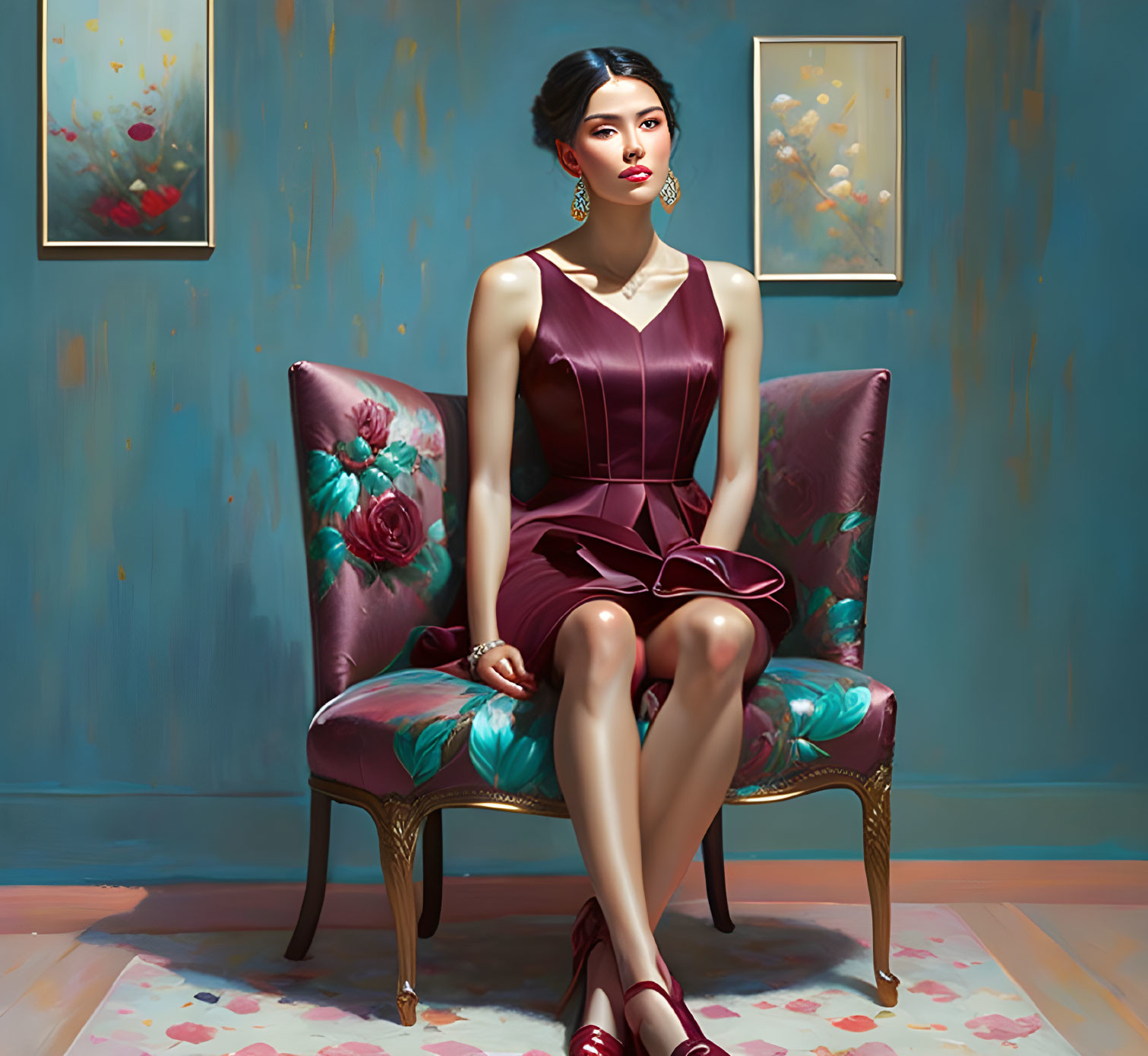 Stylish woman in burgundy dress on floral chair against blue wall