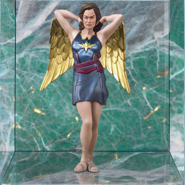 Female Superhero Figurine with Gold Wings in Blue and Red Suit on Marble Backdrop