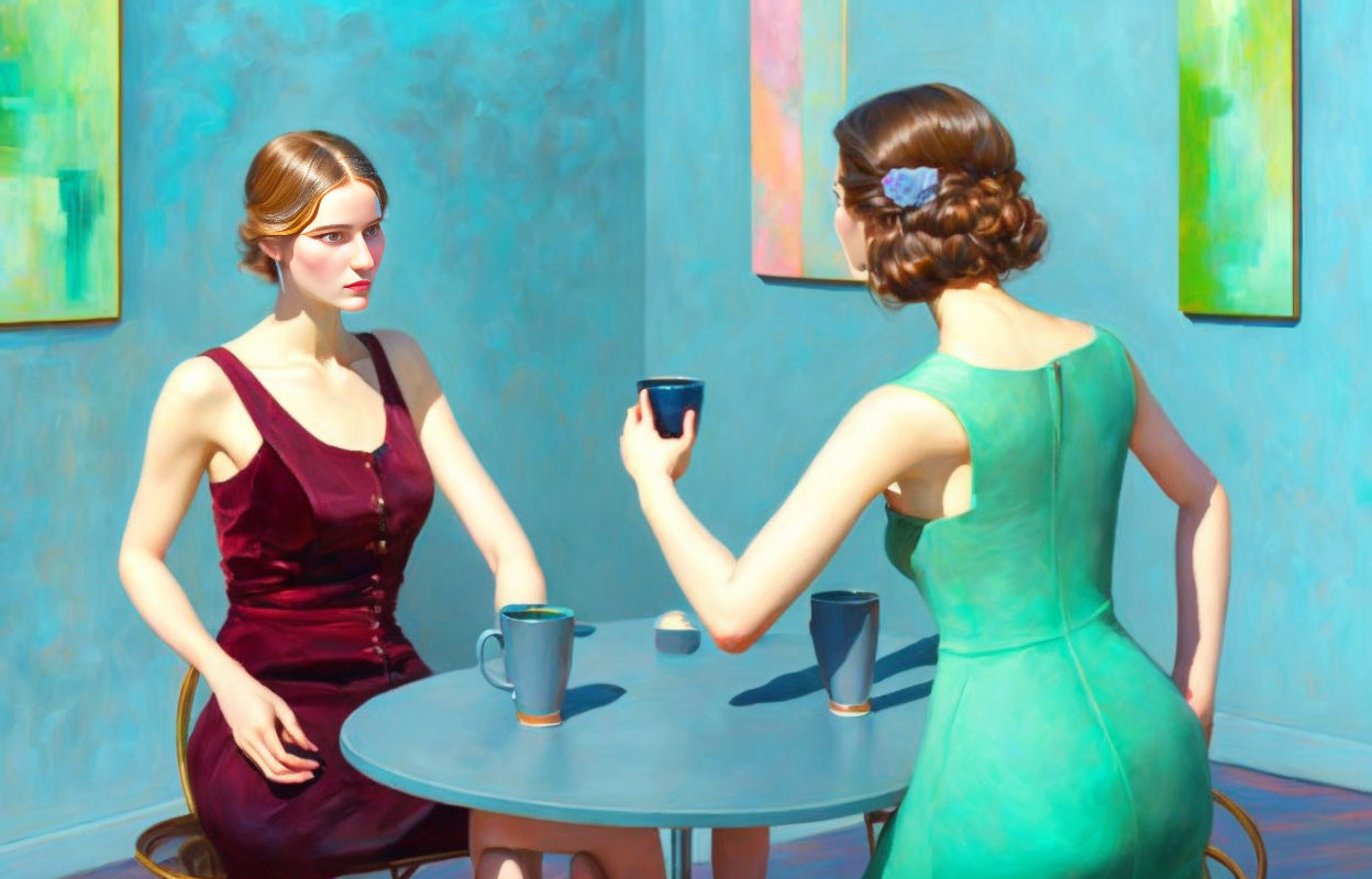 Vintage dresses women chatting at table with coffee cups, abstract paintings.