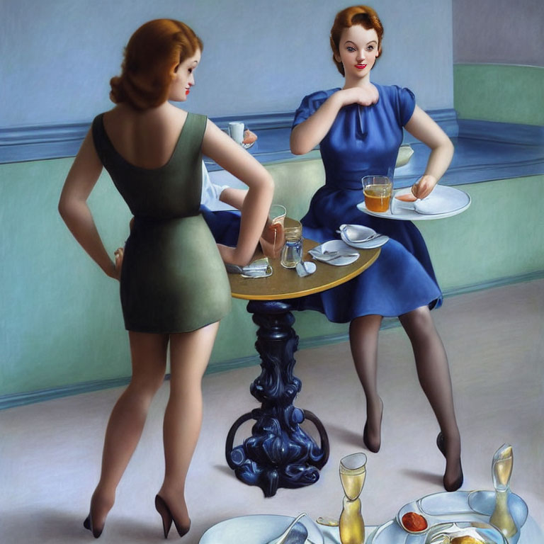 Two women at table in serene setting, one in green facing away, the other in blue facing forward