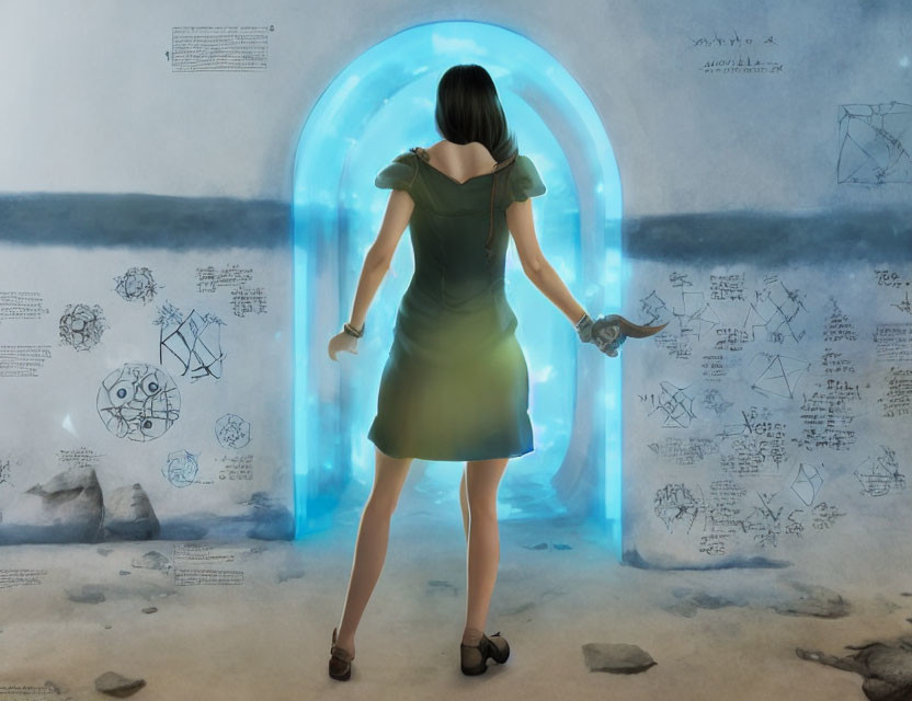 Woman in Green Dress Holding Tool in Front of Glowing Blue Portal