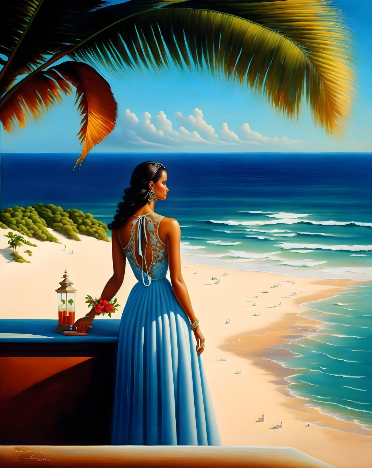 Woman in blue dress on balcony with tropical beach view