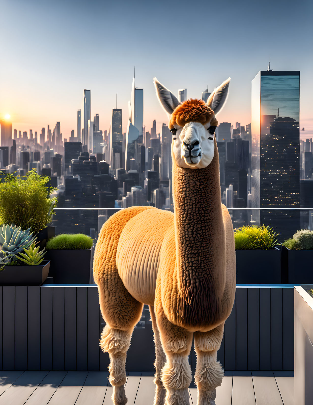 Llama on urban rooftop garden with sunrise backdrop