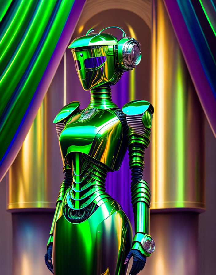 Metallic green humanoid robot against vibrant purple and green background