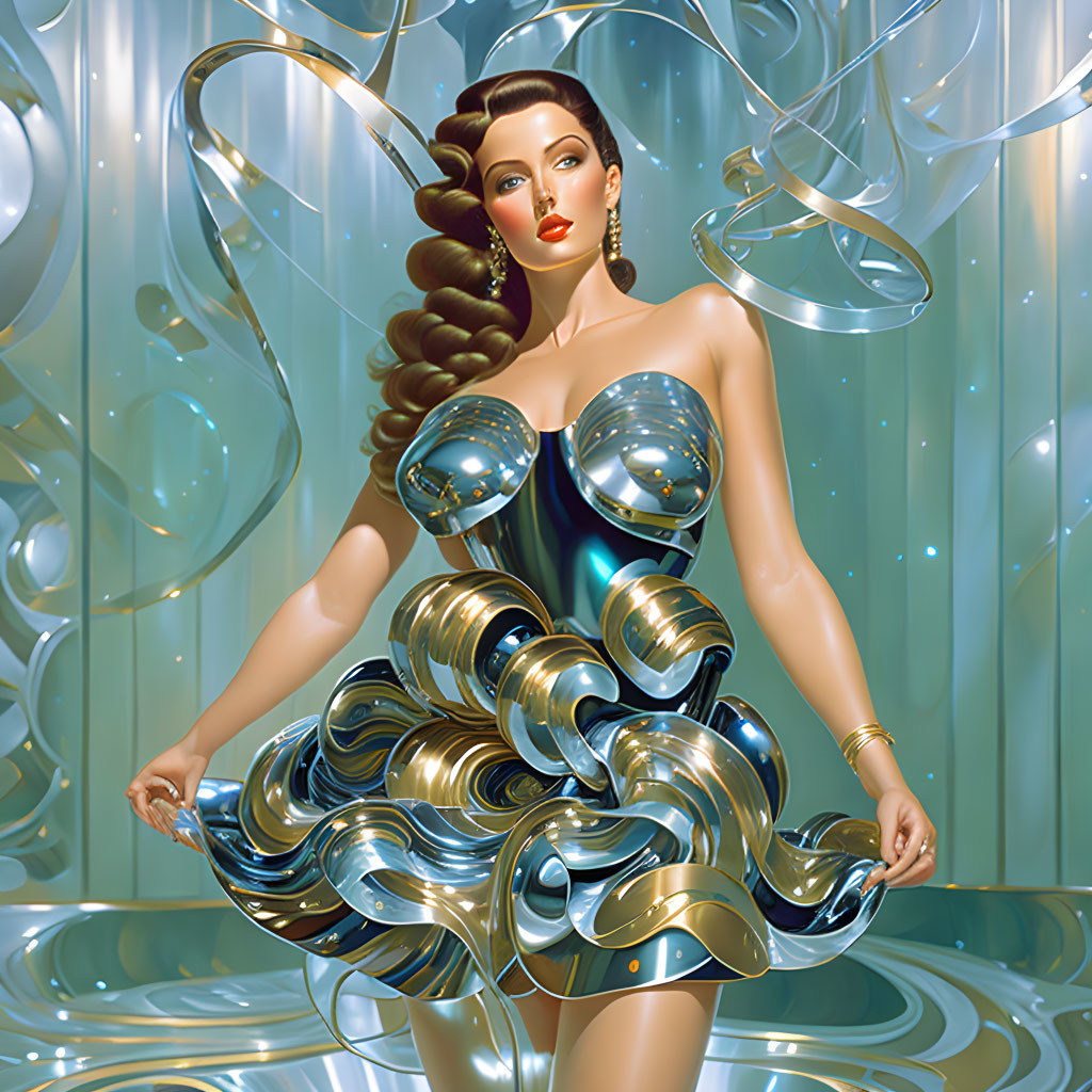 Stylized woman in futuristic metallic dress on abstract background