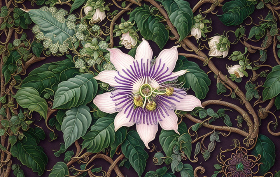 Detailed Purple and White Passion Flower Illustration with Green Foliage