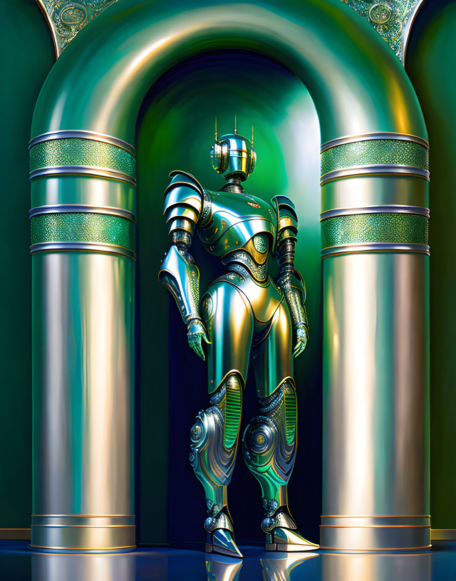 Metallic robot in hallway with green and gold arches