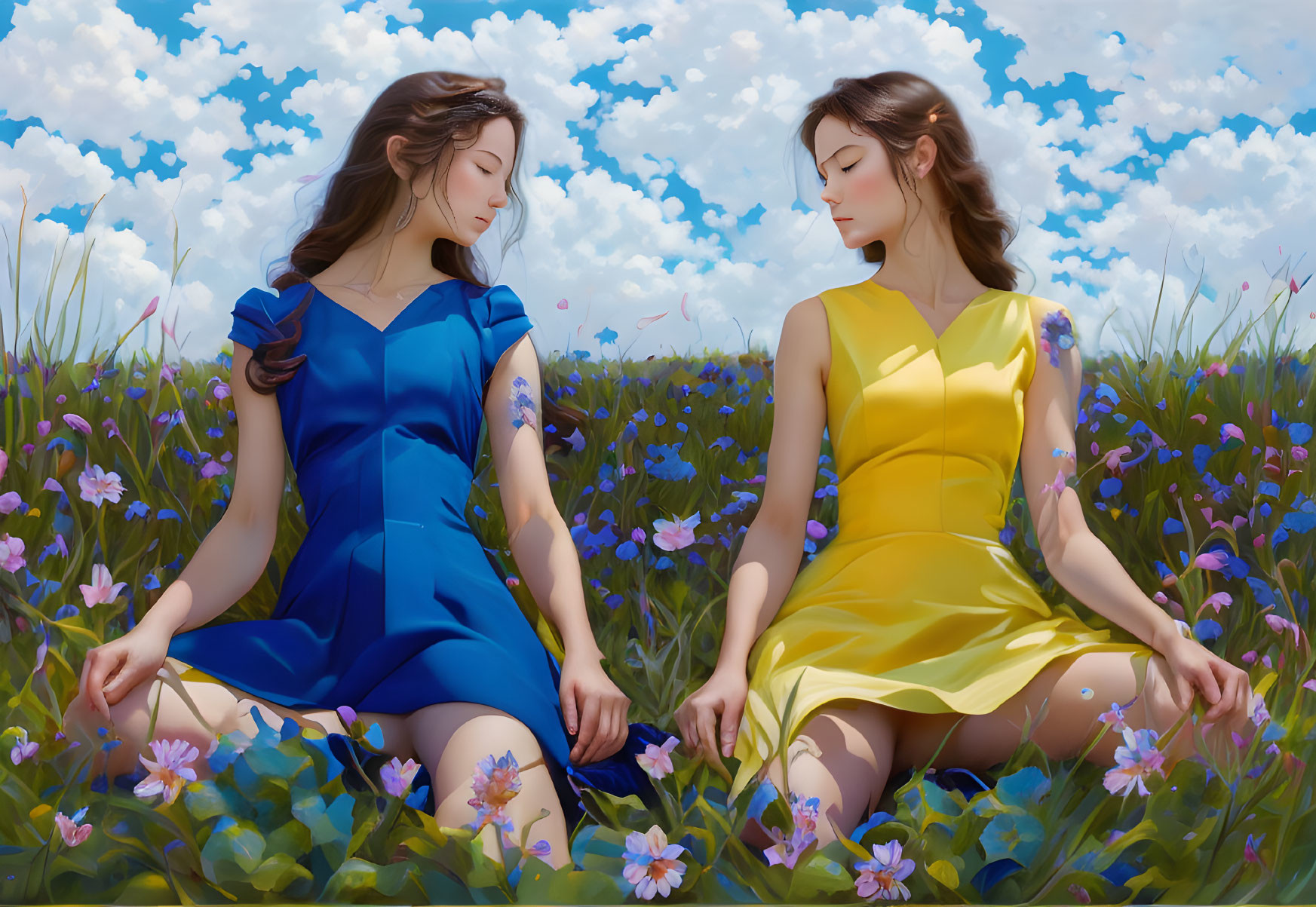 Two women in blue and yellow dresses in a colorful flower field under a cloudy sky