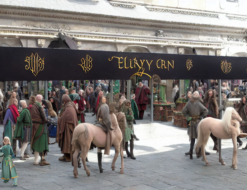 Medieval-themed market scene with people in period costumes and horses under fantasy script banner