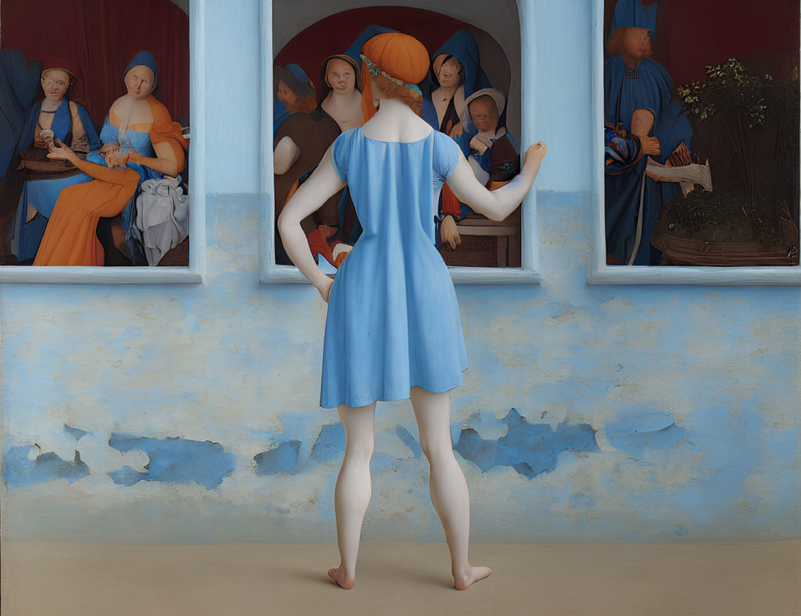 Modern woman in blue dress aligns with Renaissance painting figure