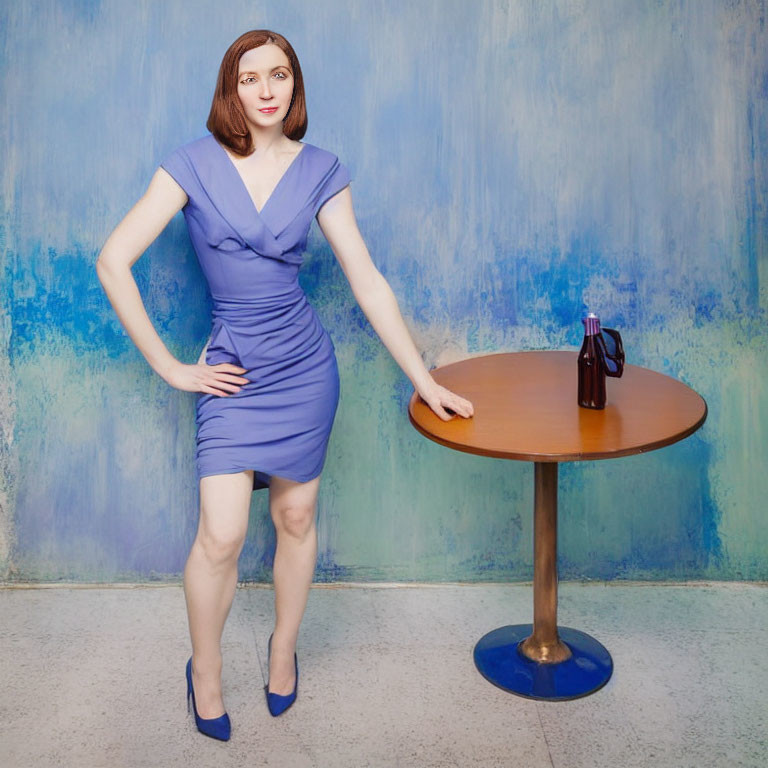 Woman in Blue Dress Stands by Wooden Table on Blue Textured Background