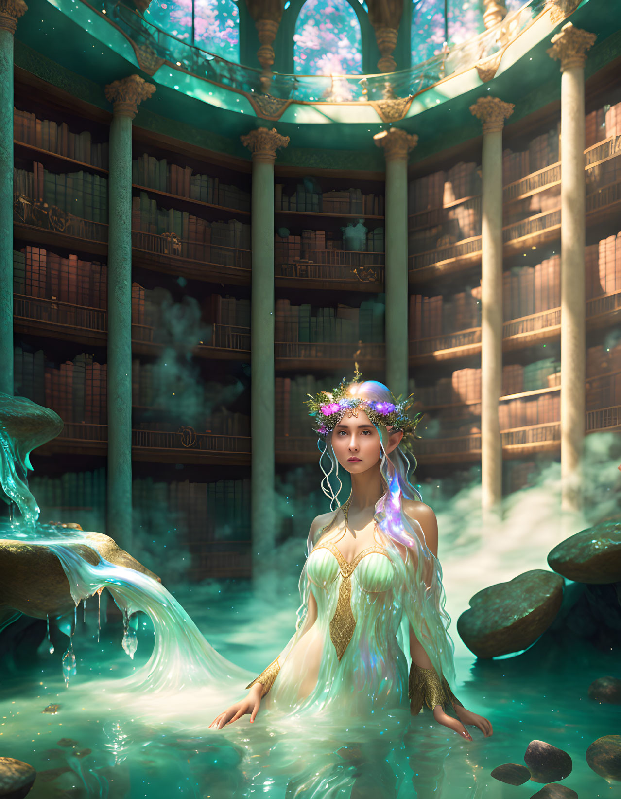 Mystical woman with floral crown in serene library setting