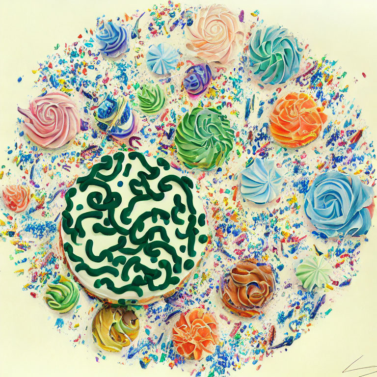 Colorful Piped Frosting Designs in Flower and Pattern Motifs Around Green Swirl