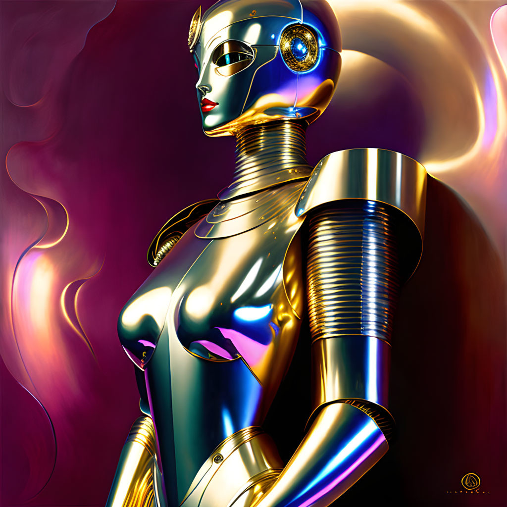 Futuristic metallic female robot with golden accents on purple smoky background