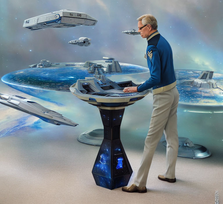 Futuristic uniformed person at console with holographic displays viewing starships orbiting planet