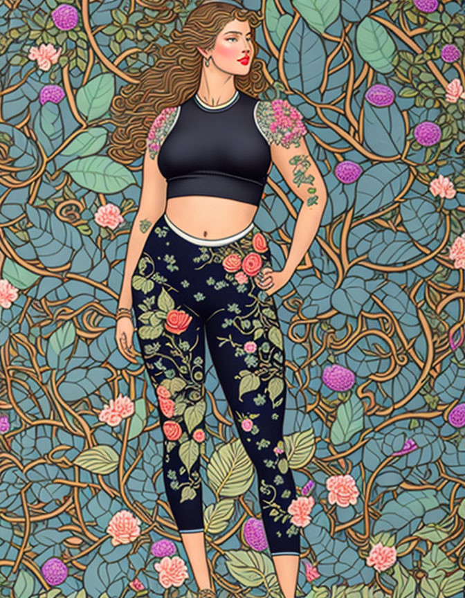 Detailed botanical background with woman in floral pants and crop top