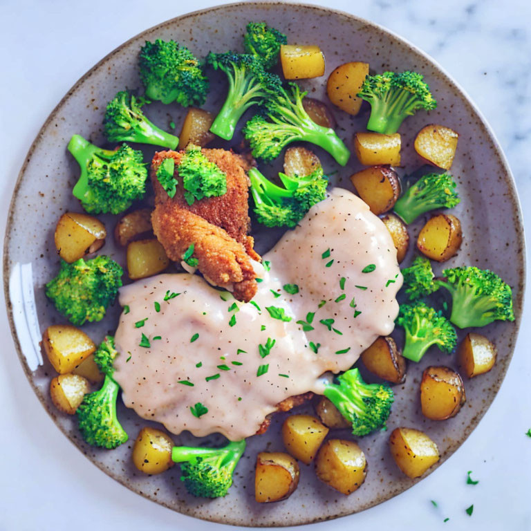 Breaded Chicken with Creamy Sauce, Roasted Potatoes, Broccoli & Herbs