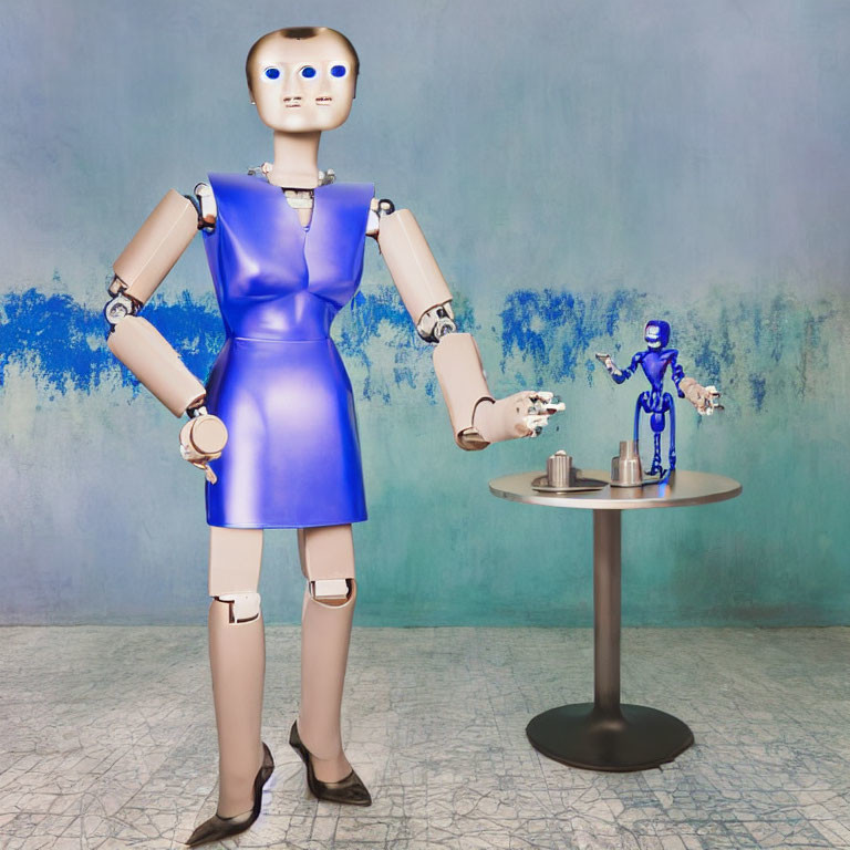 Serene humanoid robot in blue dress with tiny figure next to table