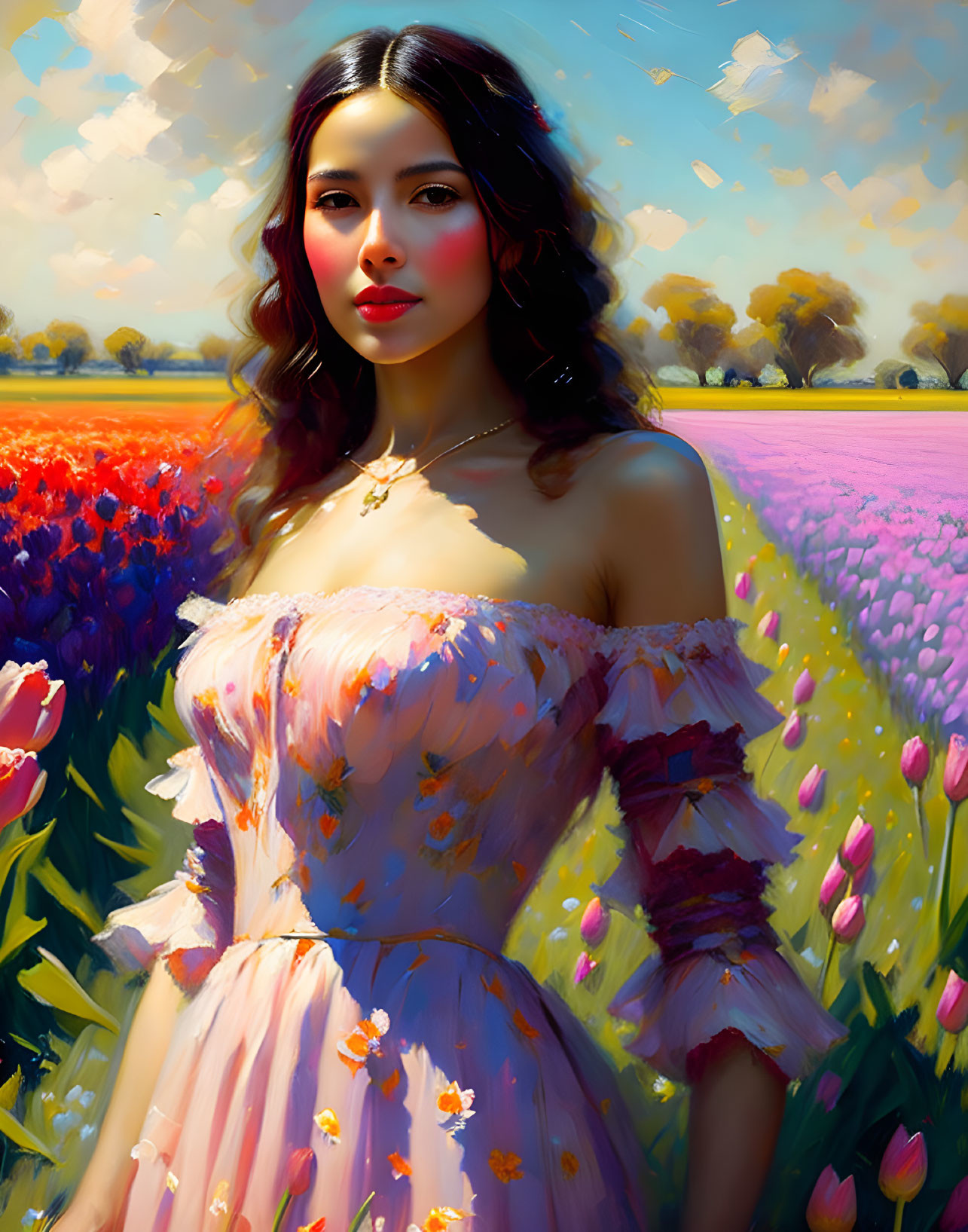 Woman in floral dress surrounded by vibrant tulip field under blue sky