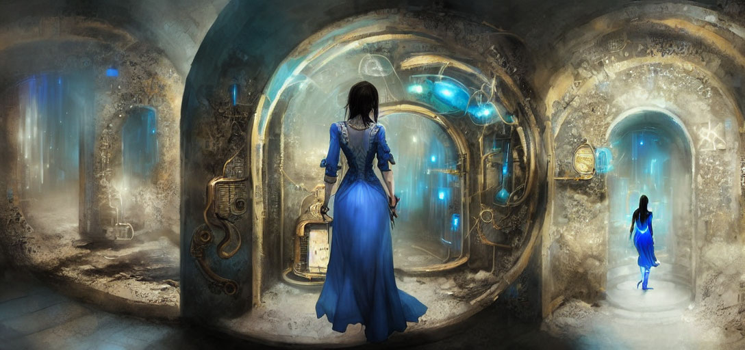 Woman in Blue Dress in Surreal Circular Room with Futuristic Interfaces