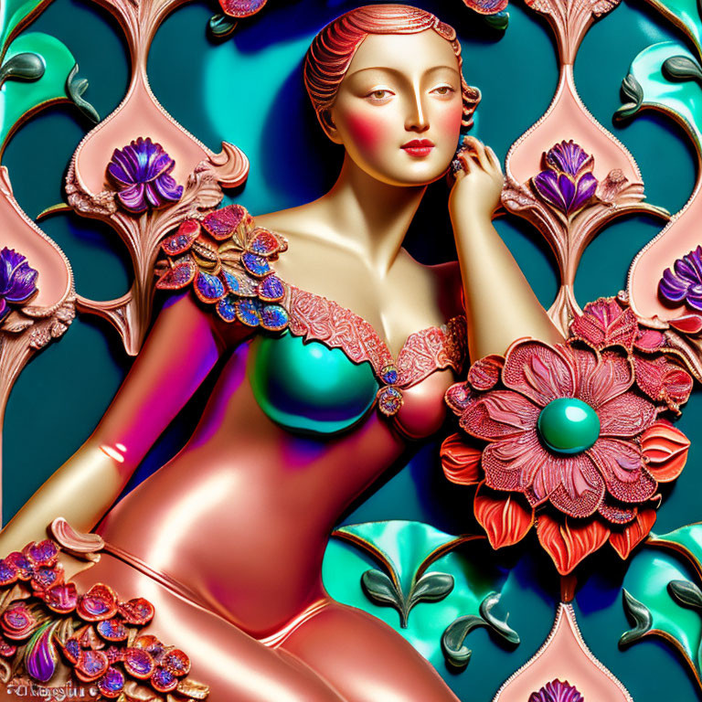 Surreal image of shiny pink woman with ornate lace details