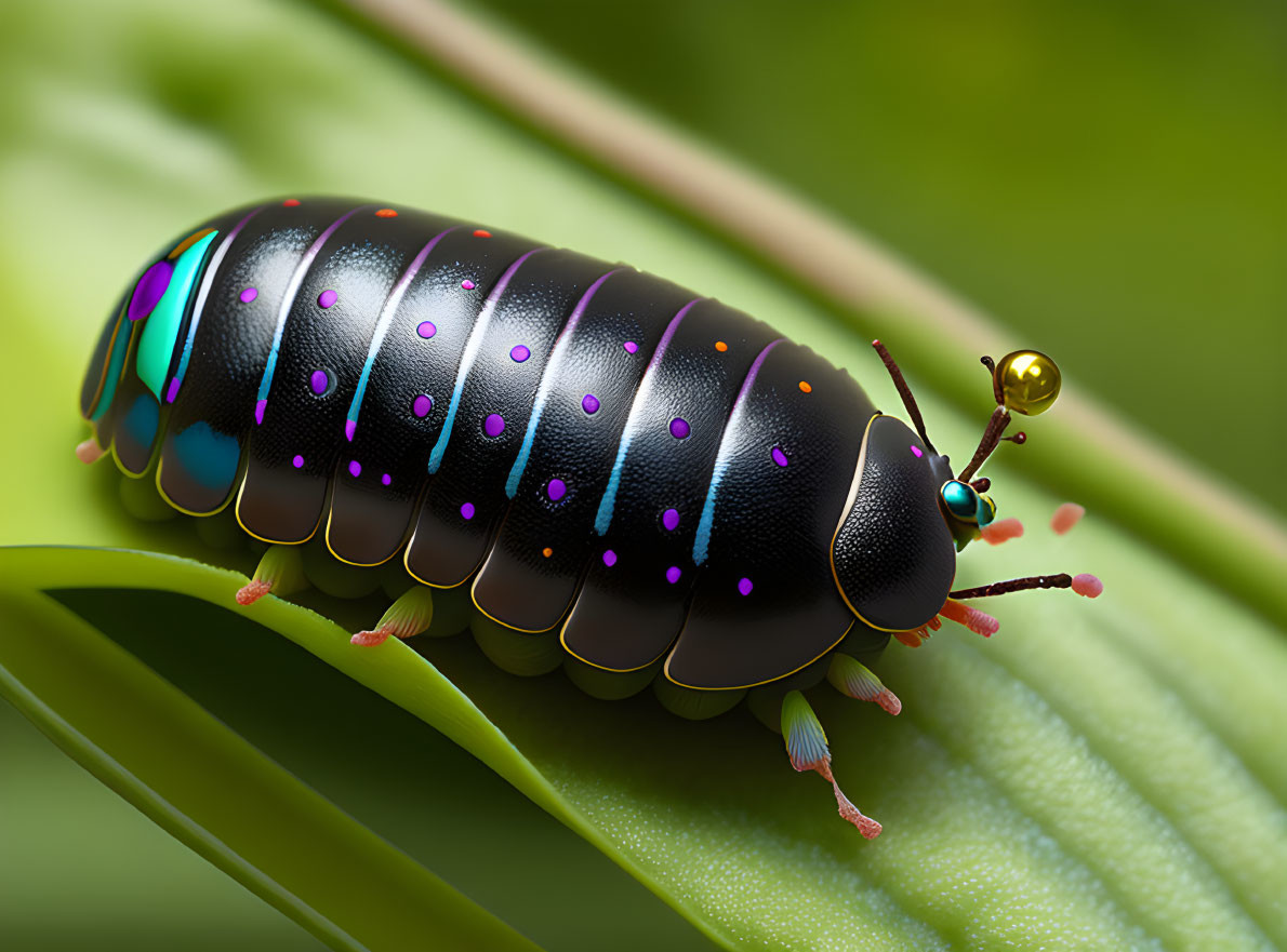 Colorful Caterpillar Illustration with Black Body and Spots on Green Leaf