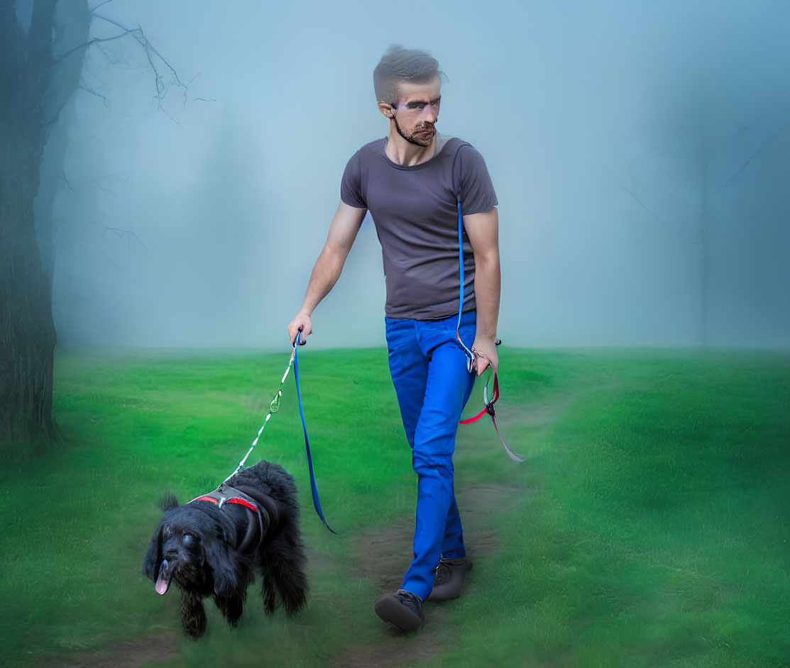 Man walking black dog in misty green park with barely visible trees