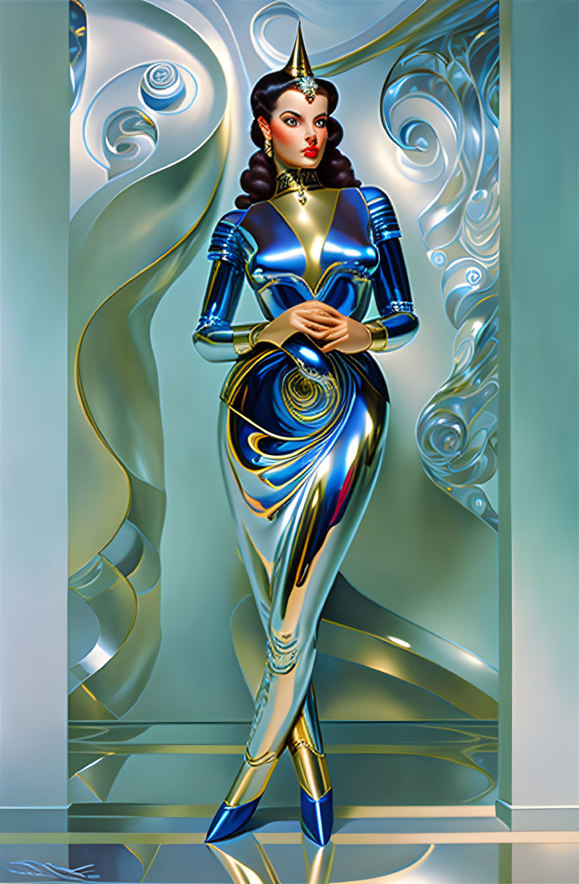 Futuristic digital artwork: Woman in metallic blue and gold outfit