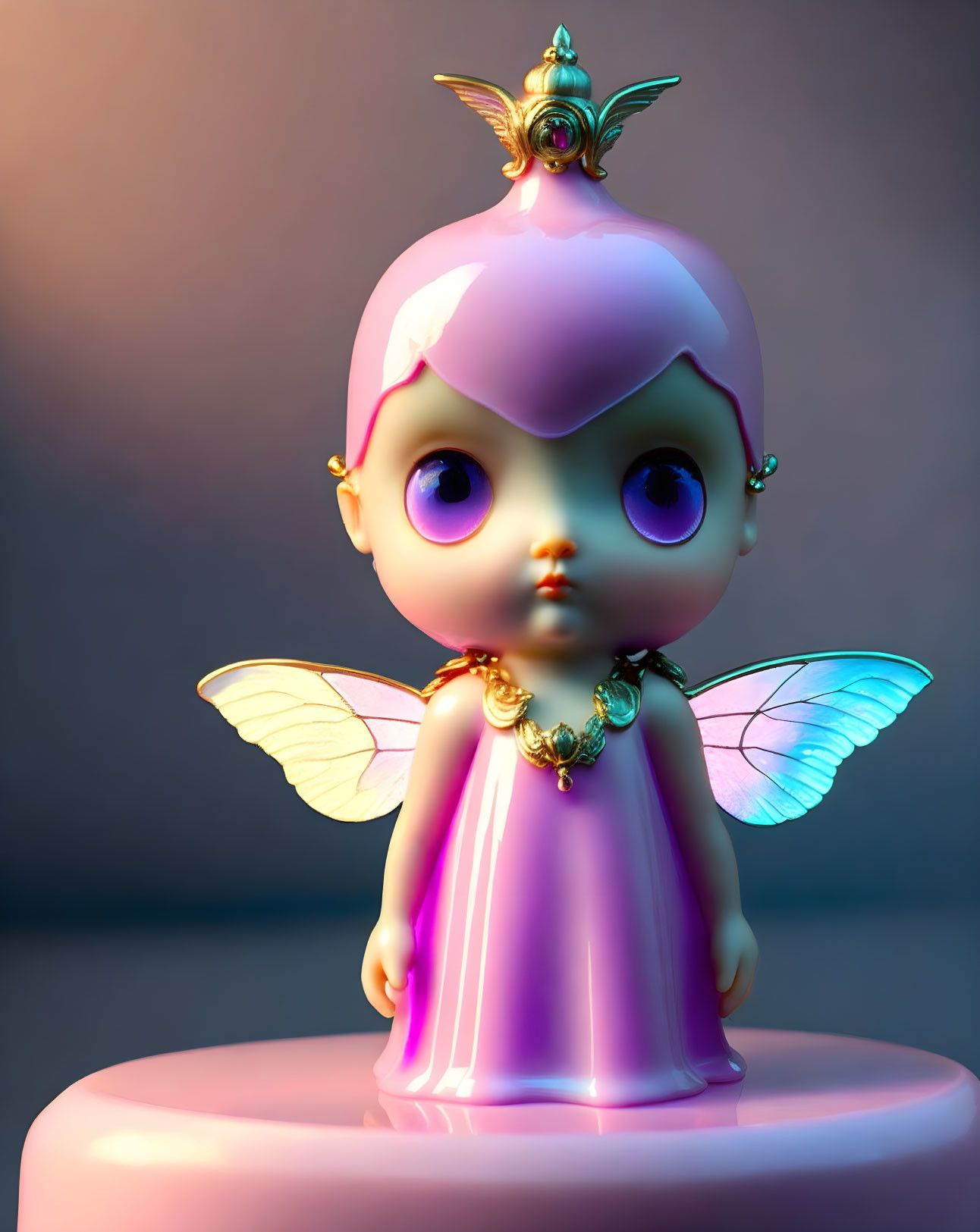 Pearlescent fairy doll with blue eyes, wings, crown, and jewelry