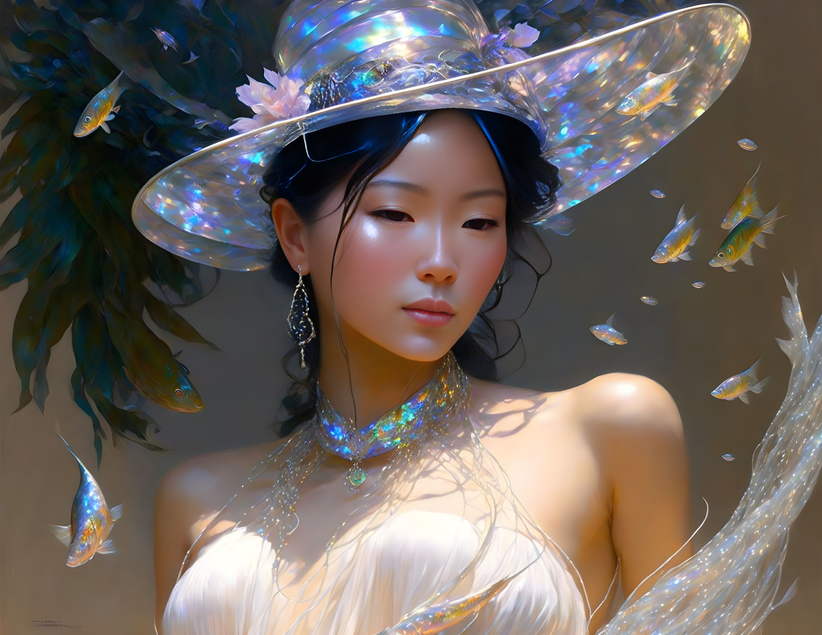 Iridescent Hat Woman Surrounded by Floating Fish